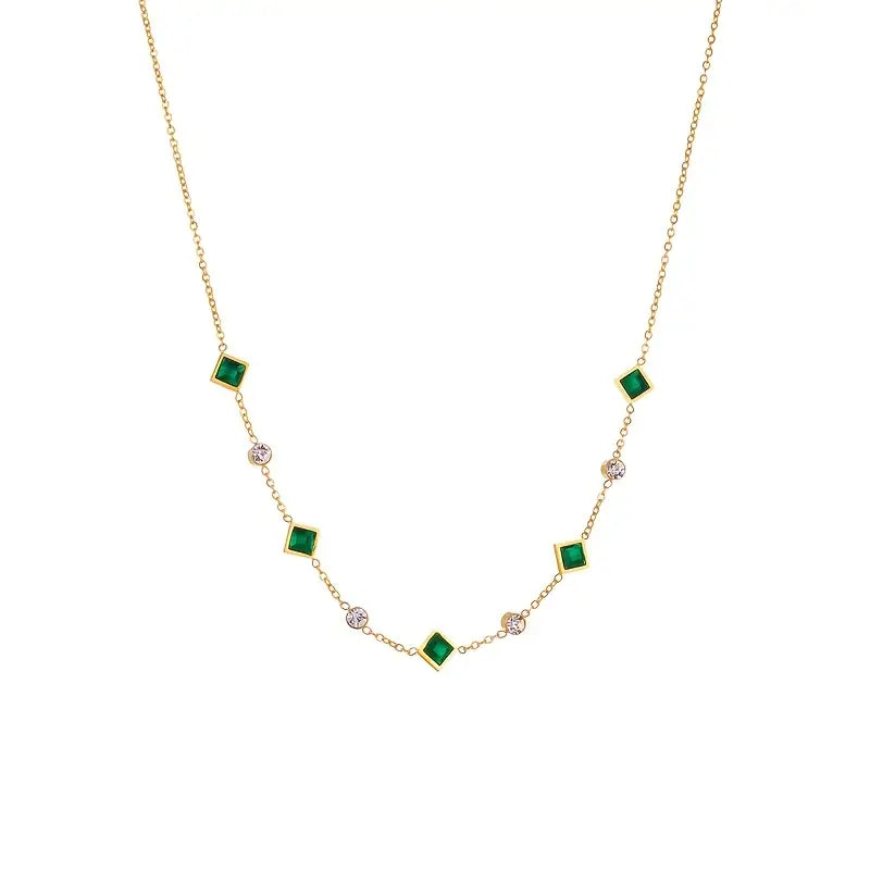 COLLIER CHAÎNE PIERRES CARRÉES ÉMERAUDE ET ZIRCONES ALTERNÉES | OR