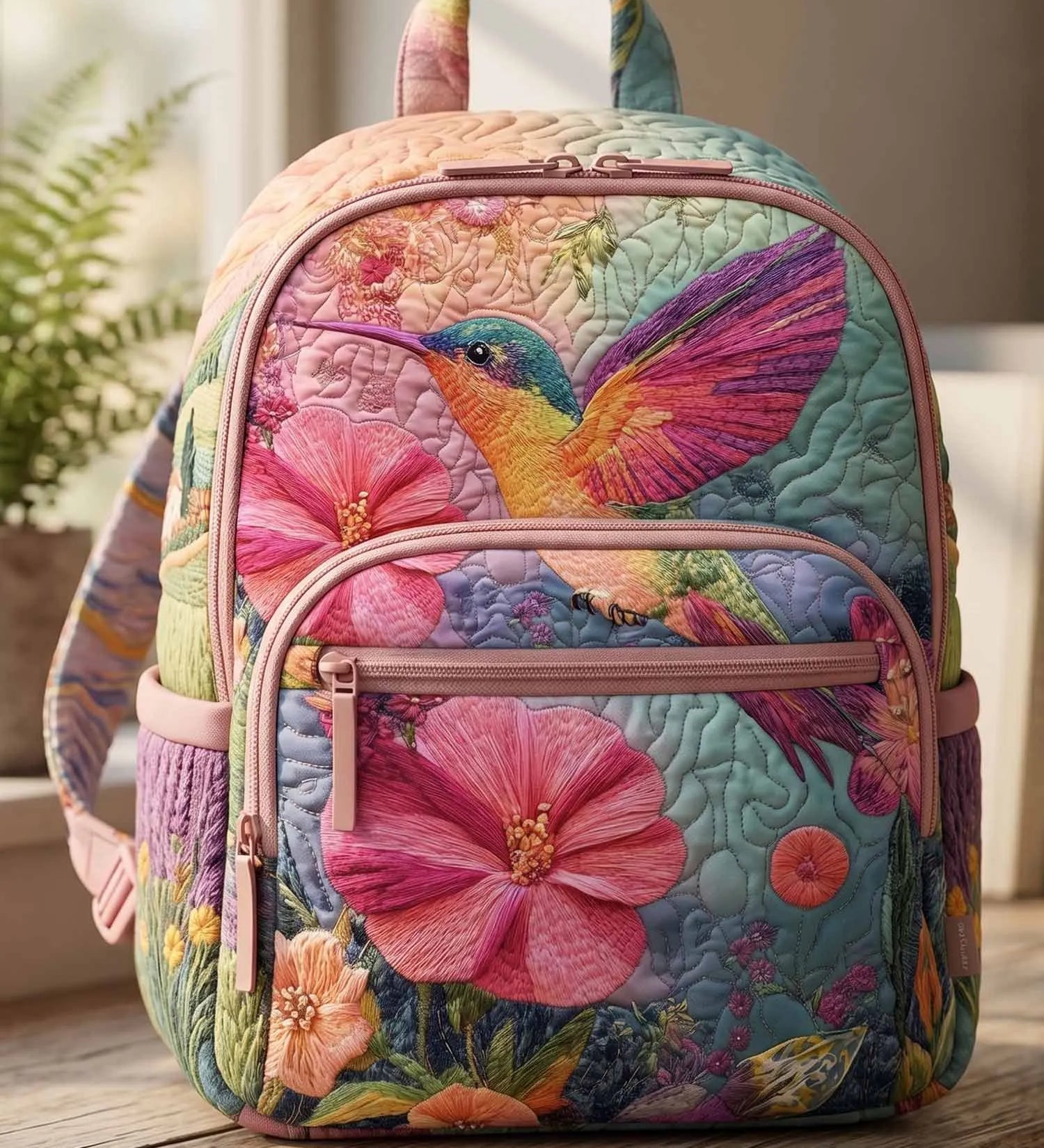 Pastel Floral Hummingbird Quilted Backpack