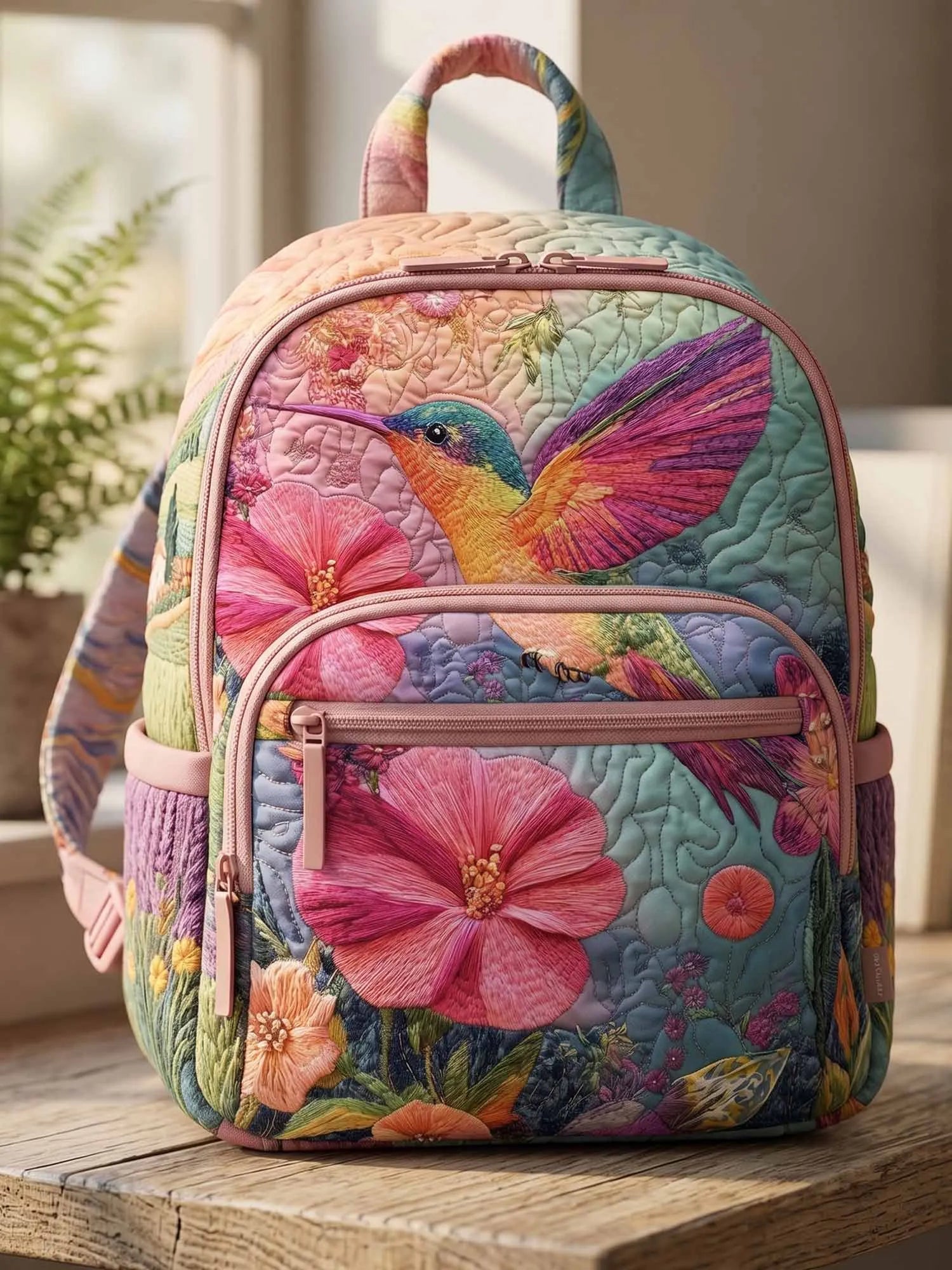 Pastel Floral Hummingbird Quilted Backpack