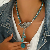 Vintage Bohemian Style Turquoise Beads Leaf Pendant Necklace