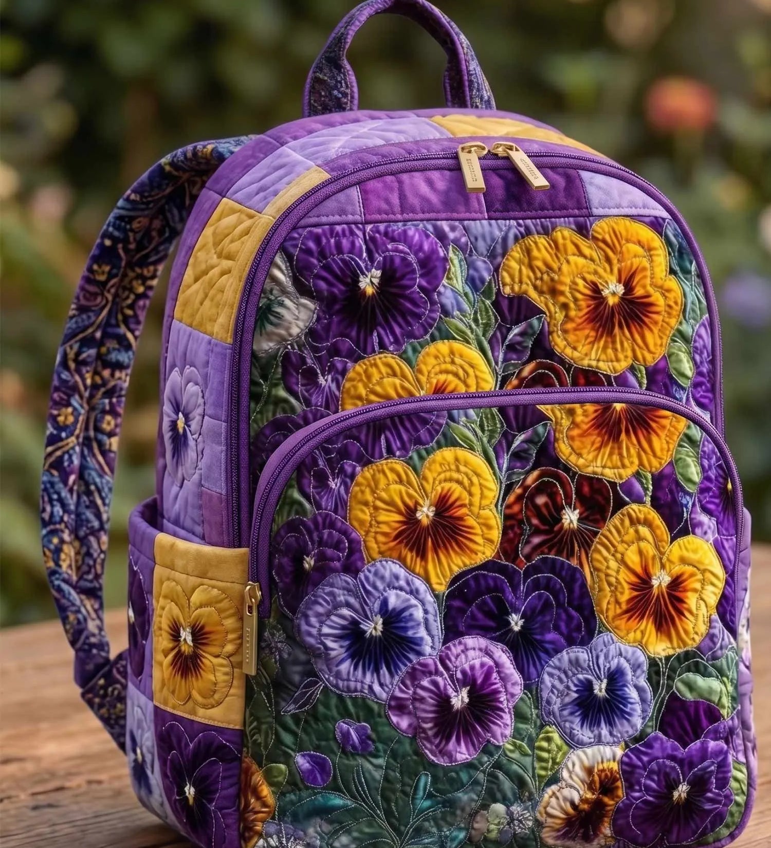 Pansy Patchwork Flowers Quilted Backpack