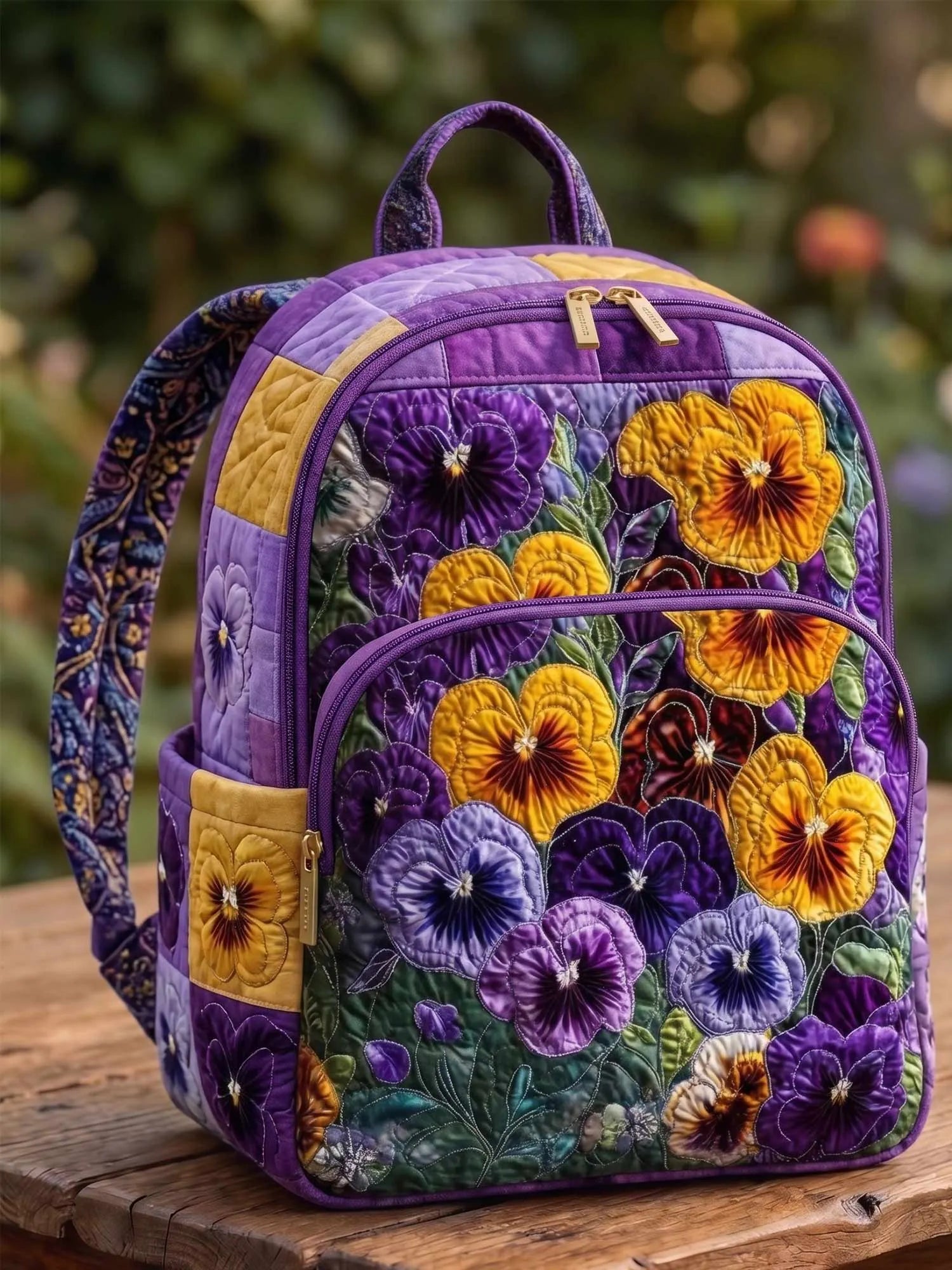 Pansy Patchwork Flowers Quilted Backpack