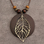 Bohemian Wax Rope Leaf Shaped Pendant Long Necklace