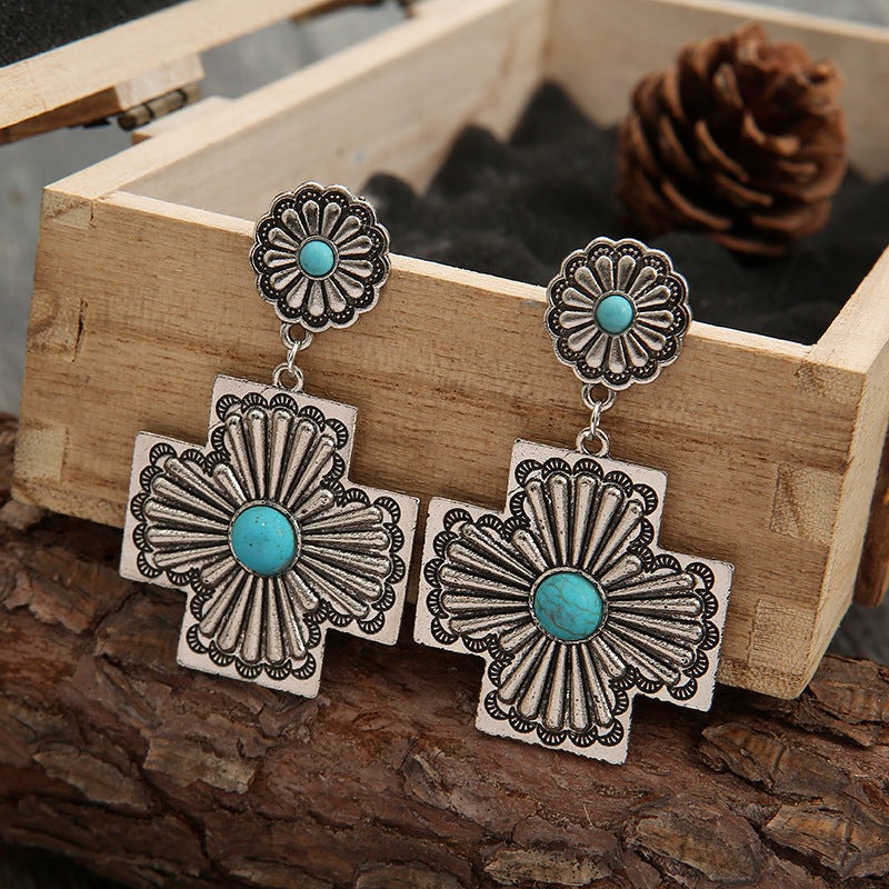 BOUCLES D'OREILLES RÉTRO FLORAL DESIGN TURQUOISE CROIX SCULPTÉ MÉTAL