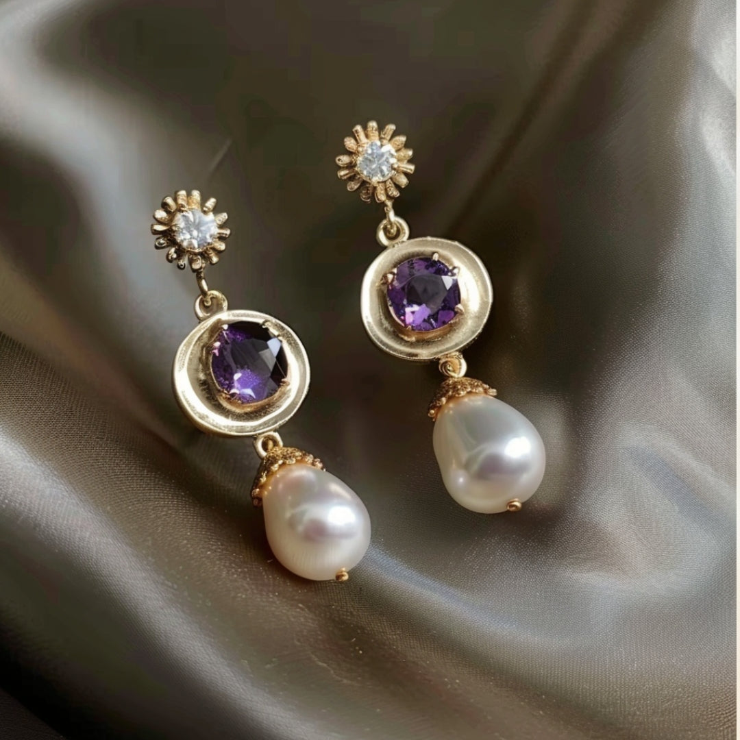 Boucles d'Oreilles Arrondi Doré Violet Zircone Perle