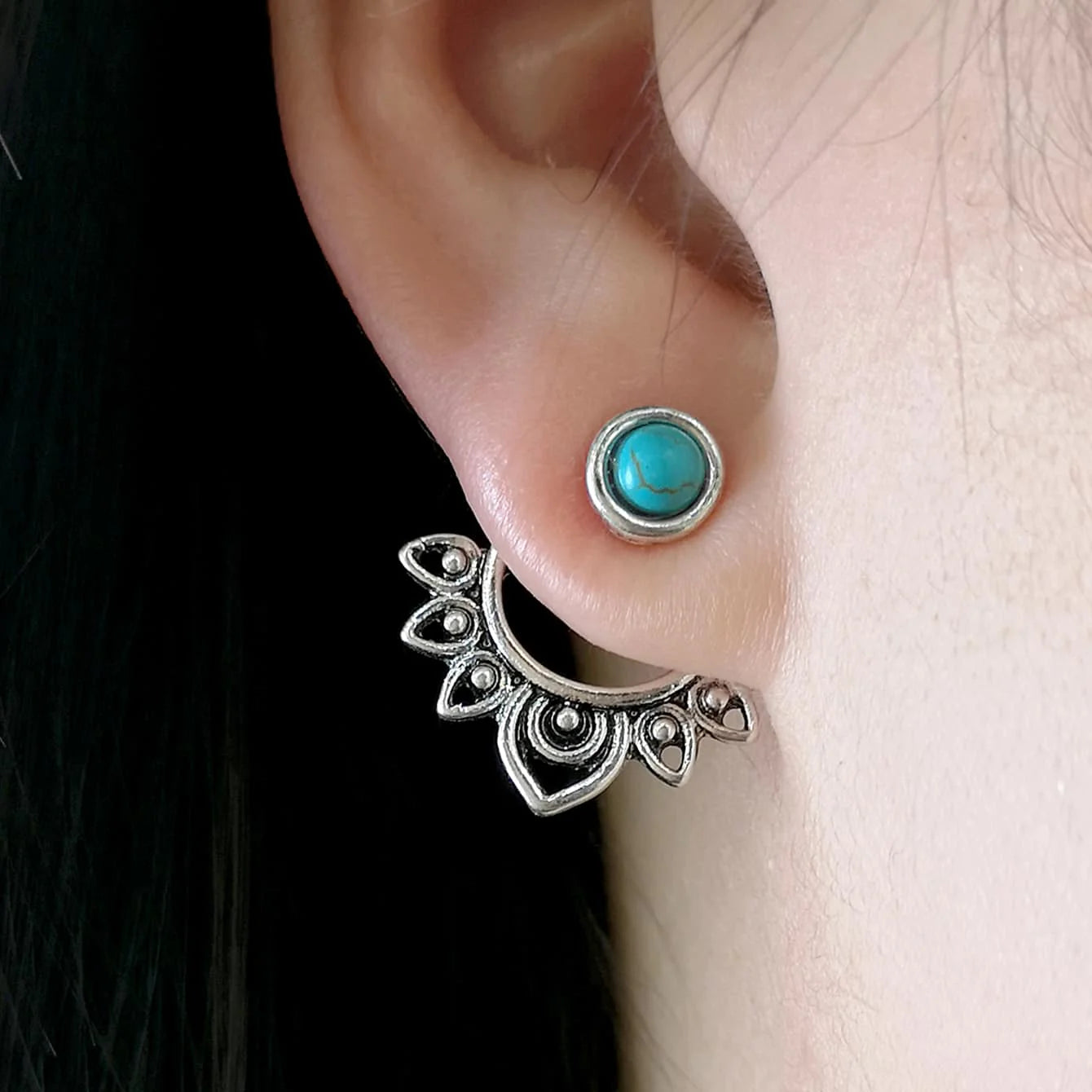 BOUCLE D'OREILLE VINTAGE TURQUOISE SOLEIL RAYONNANT CLOU D'OREILLE CRÉOLE
