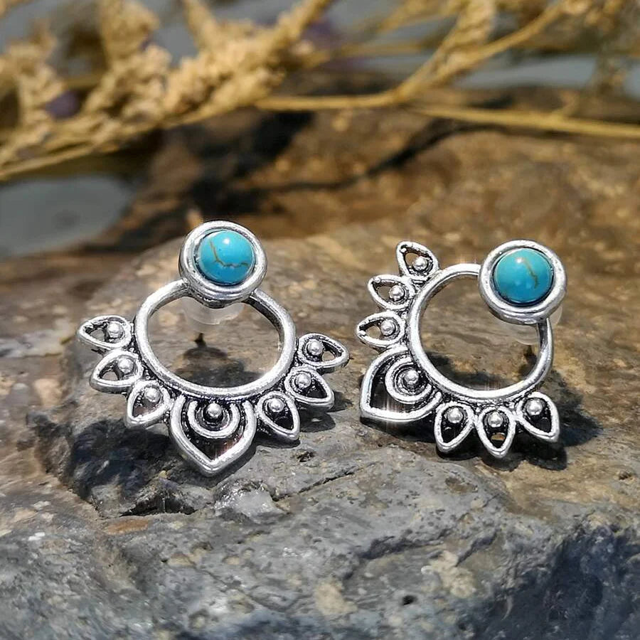 BOUCLE D'OREILLE VINTAGE TURQUOISE SOLEIL RAYONNANT CLOU D'OREILLE CRÉOLE