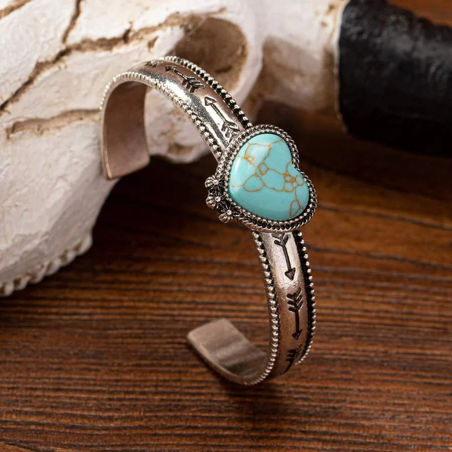 BRACELET WESTERN CŒUR FORME TURQUOISE PIERRE DÉCOR MANCHETTE BRACELET