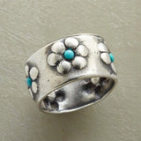 BAGUE BOHÈME VIBRANT ARGENTÉ FLEUR TURQUOISE GRAND