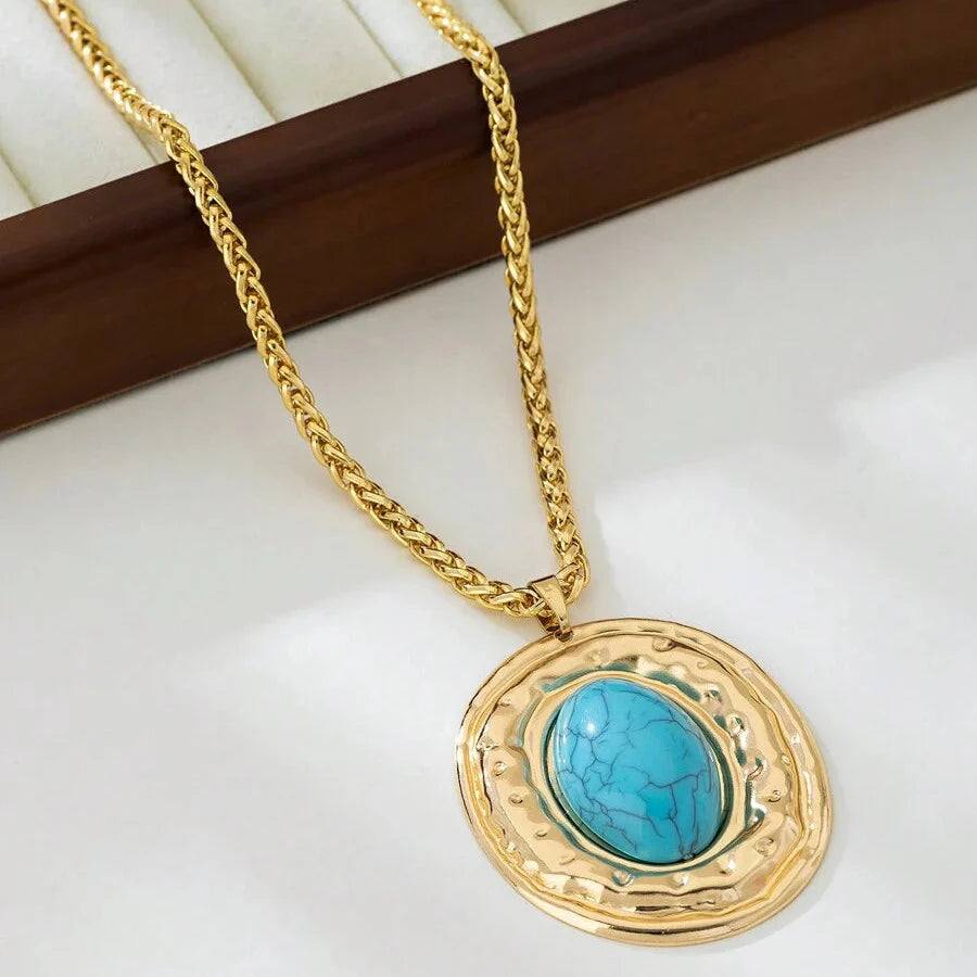 COLLIER VINTAGE SERPENT PEAU CHAÎNE OVALE IMITATION TURQUOISE PENDENTIF
