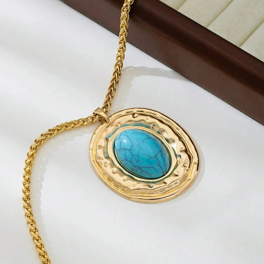 COLLIER VINTAGE SERPENT PEAU CHAÎNE OVALE IMITATION TURQUOISE PENDENTIF