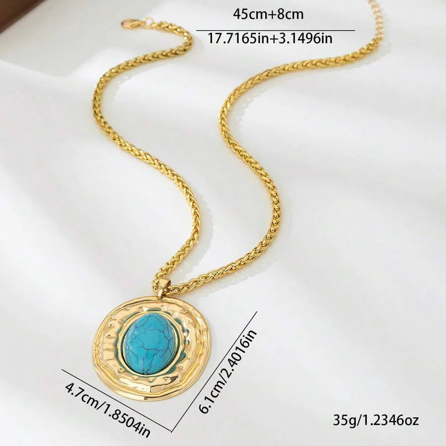 COLLIER VINTAGE SERPENT PEAU CHAÎNE OVALE IMITATION TURQUOISE PENDENTIF
