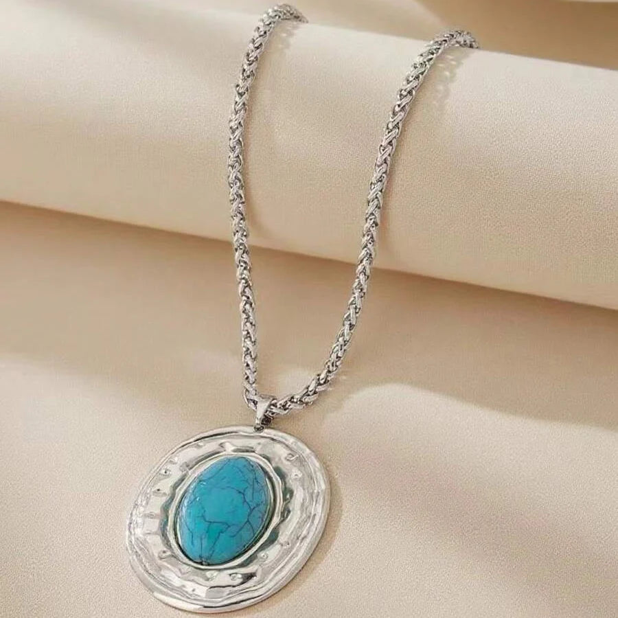 COLLIER VINTAGE SERPENT PEAU CHAÎNE OVALE IMITATION TURQUOISE PENDENTIF