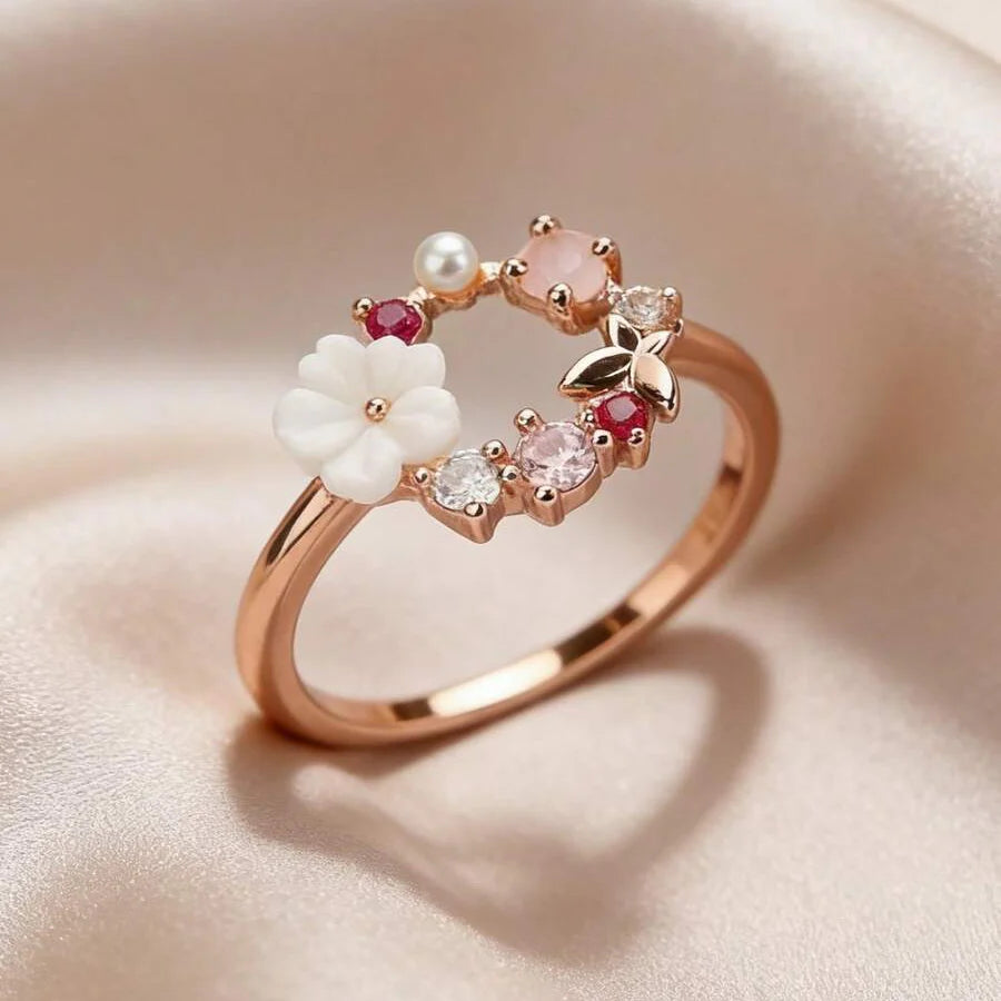 Bague Élégant Fleur Imitation Perle Micro Incrusté Zircone Papillon
