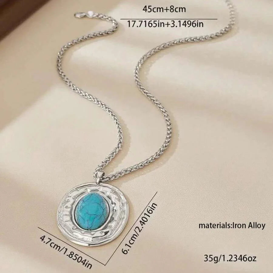 COLLIER VINTAGE SERPENT PEAU CHAÎNE OVALE IMITATION TURQUOISE PENDENTIF