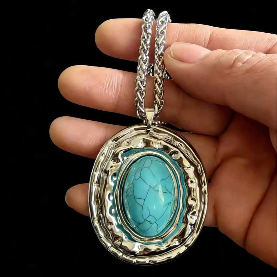 COLLIER VINTAGE SERPENT PEAU CHAÎNE OVALE IMITATION TURQUOISE PENDENTIF