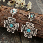 BOUCLES D'OREILLES RÉTRO FLORAL DESIGN TURQUOISE CROIX SCULPTÉ MÉTAL