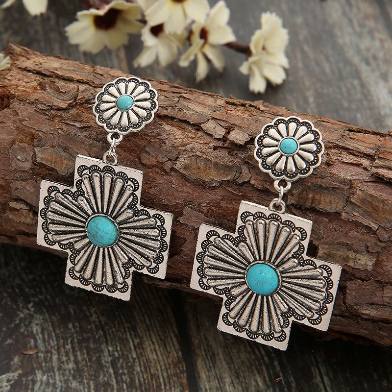 BOUCLES D'OREILLES RÉTRO FLORAL DESIGN TURQUOISE CROIX SCULPTÉ MÉTAL