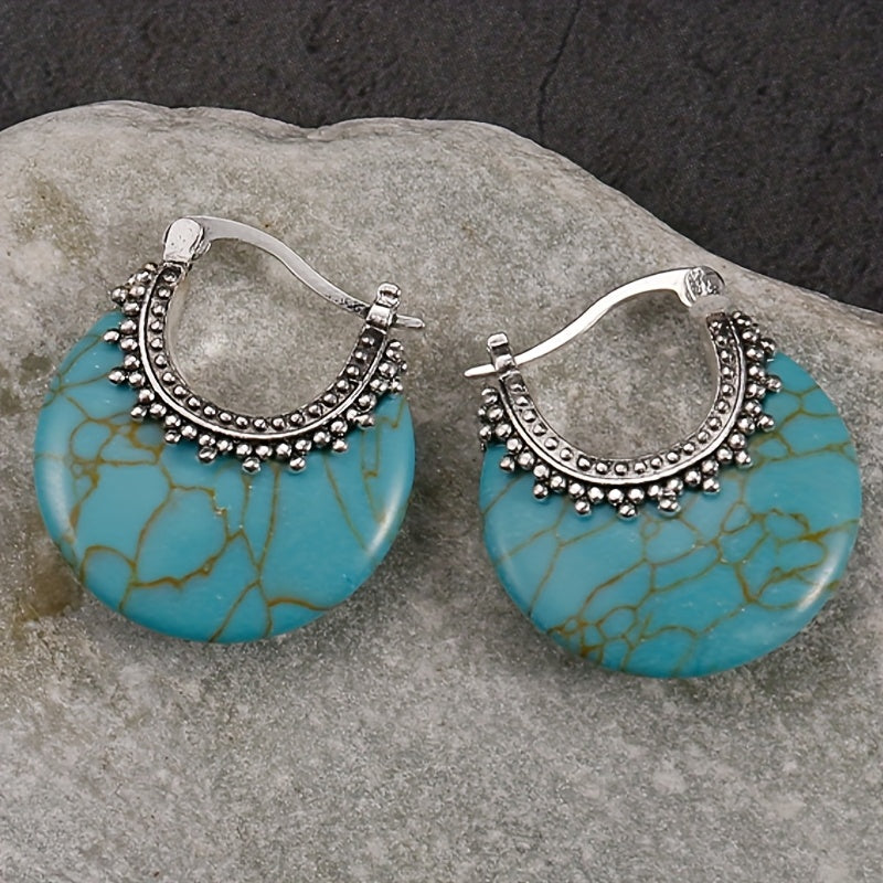 BOUCLES D'OREILLES TURQUOISE CROISSANT ARGENT PLAQUÉ CRÉOLE