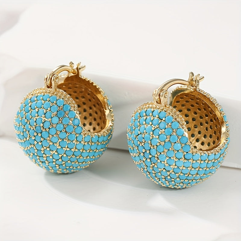 BOUCLES D'OREILLES CLASSIQUE RÉTRO OR TURQUOISE BOMBÉ CRÉOLE