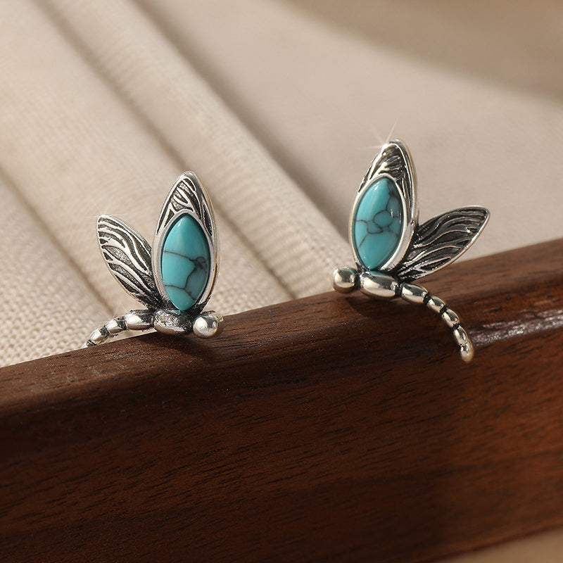 BOUCLES D'OREILLES VINTAGE LIBELLULE TURQUOISE CLOU D'OREILLE