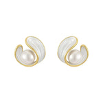 Gold Pearl and White Enamel Stud Earrings