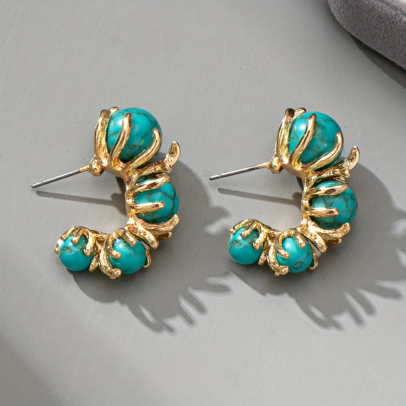 BOUCLES D'OREILLES CLASSIQUE OR TURQUOISE PLAQUÉ TRIPLE PIERRE PENDENTIF