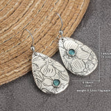 BOUCLES D'OREILLES RÉTRO SCULPTÉ FLEURS GOUTTE FORME TURQUOISE PIERRE PRÉCIEUSE CROCHET
