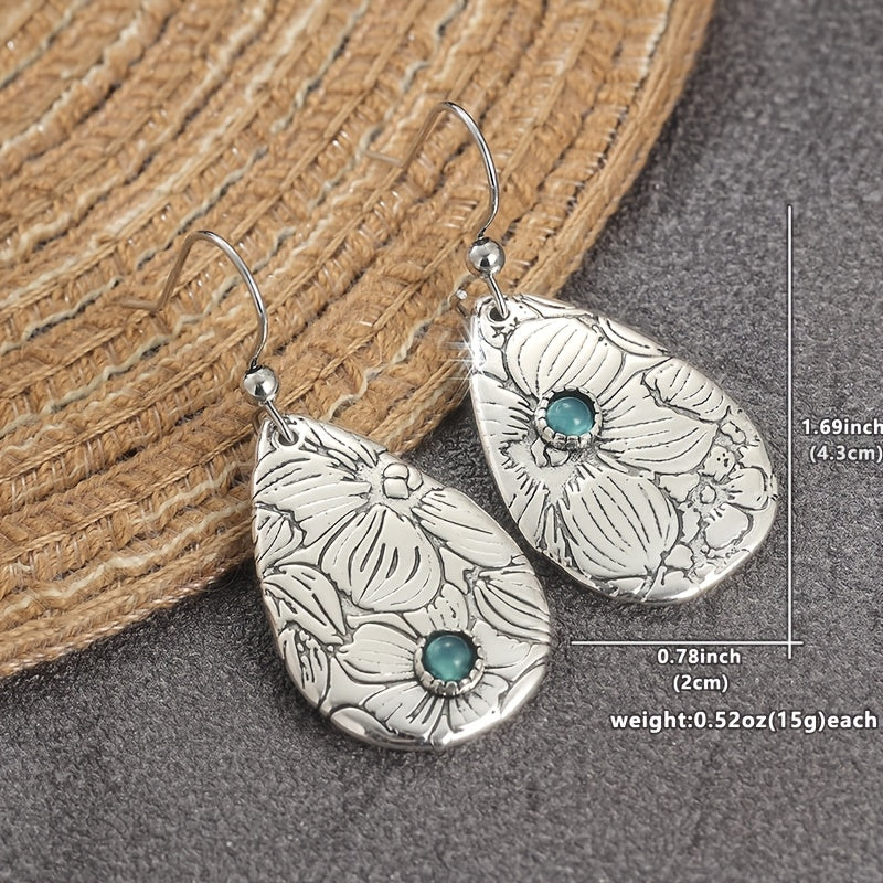 BOUCLES D'OREILLES RÉTRO SCULPTÉ FLEURS GOUTTE FORME TURQUOISE PIERRE PRÉCIEUSE CROCHET