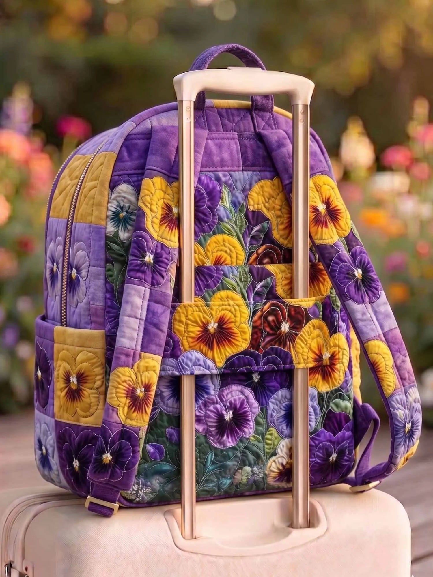 Pansy Patchwork Flowers Quilted Backpack