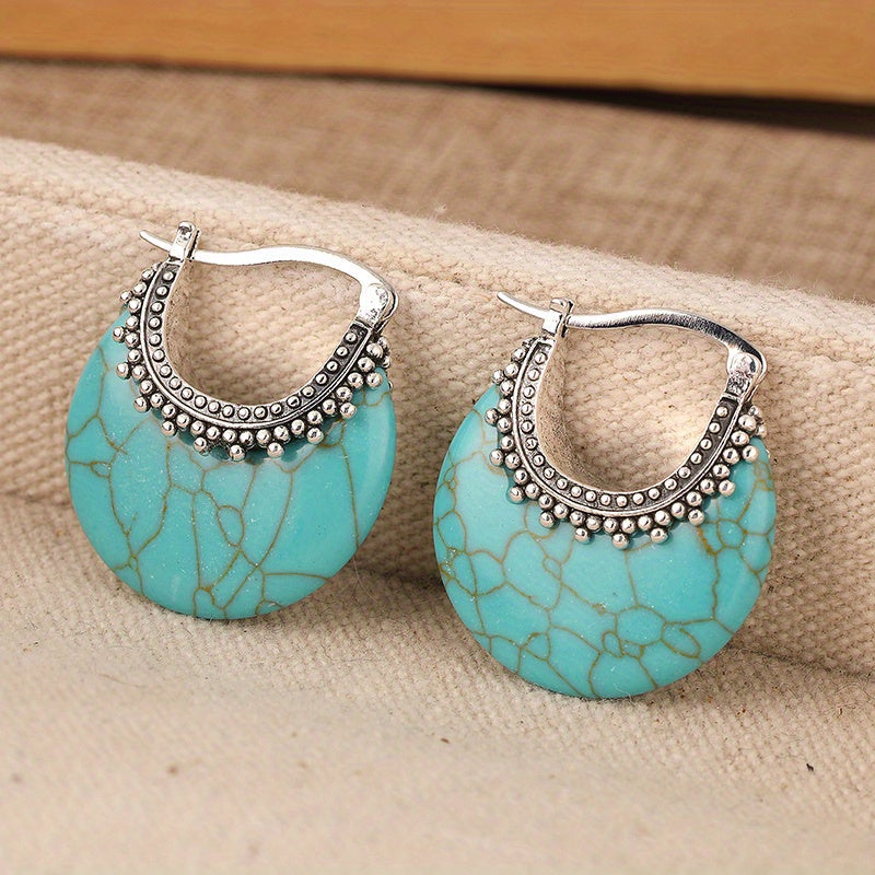 BOUCLES D'OREILLES TURQUOISE CROISSANT ARGENT PLAQUÉ CRÉOLE