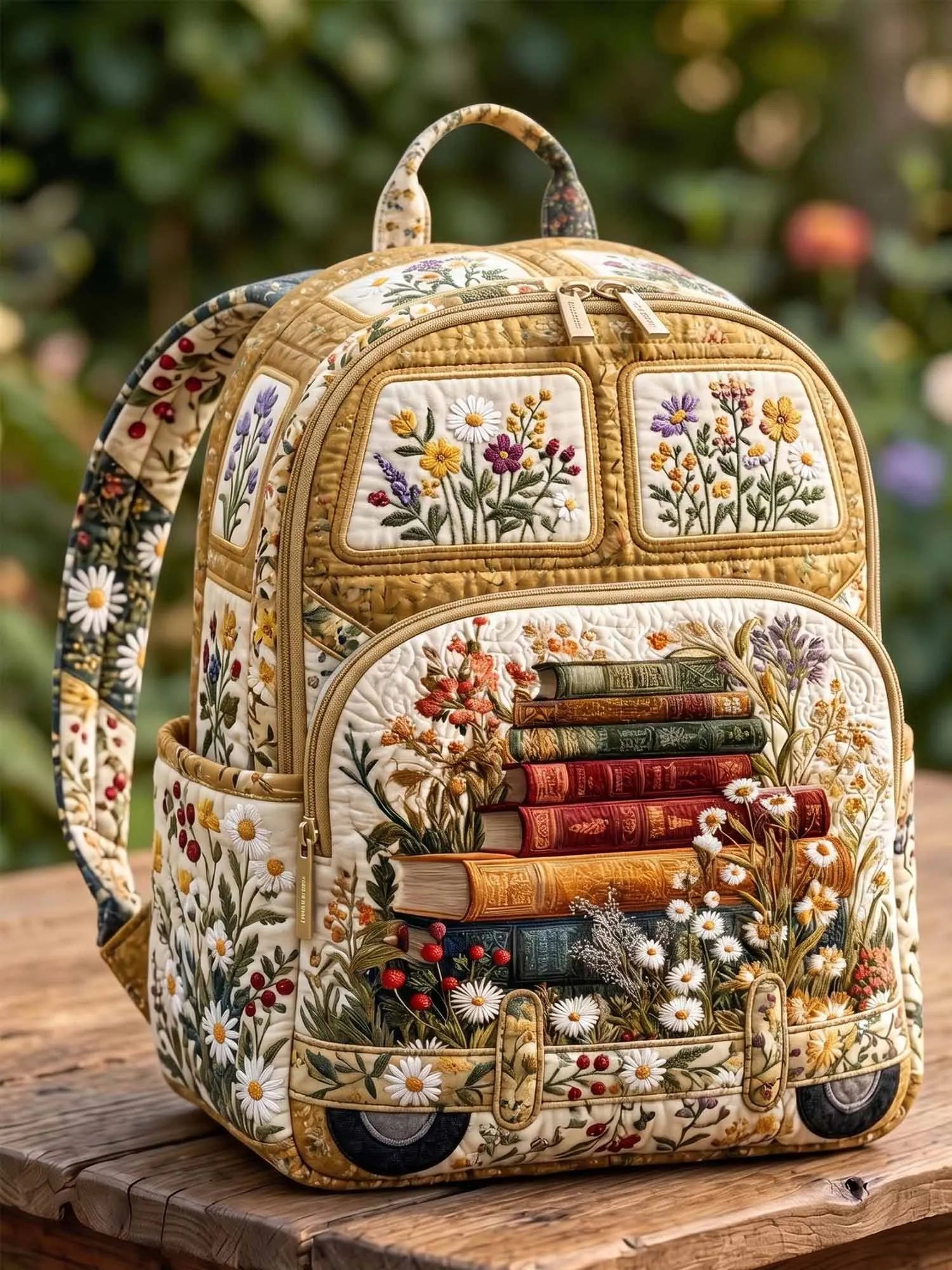 Vintage Book Van Quilted Backpack