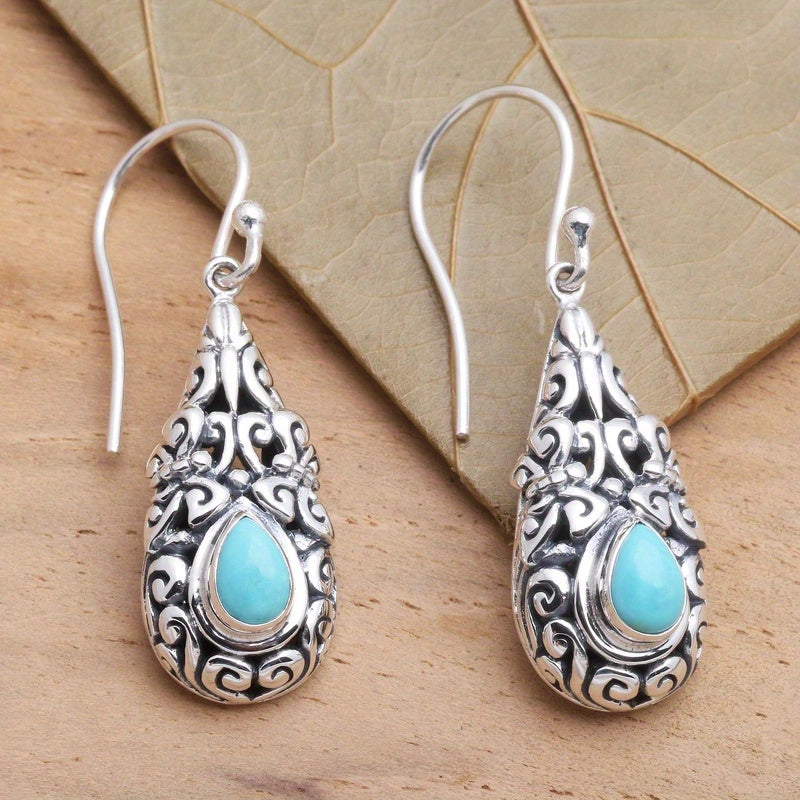 BOUCLES D'OREILLES VINTAGE GOUTTE TURQUOISE ARGENT PLAQUÉ GOUTTE
