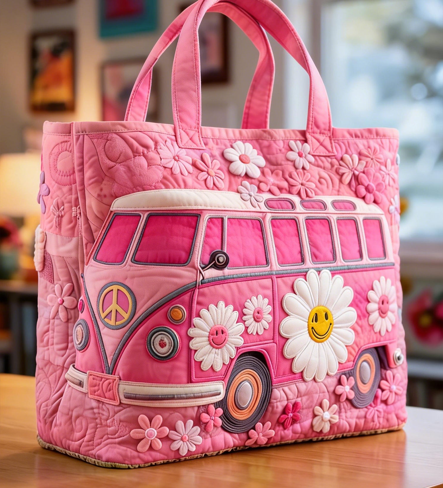 Pink Smiling Daisy Bus Quilted Handbag