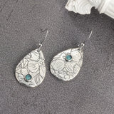 BOUCLES D'OREILLES RÉTRO SCULPTÉ FLEURS GOUTTE FORME TURQUOISE PIERRE PRÉCIEUSE CROCHET