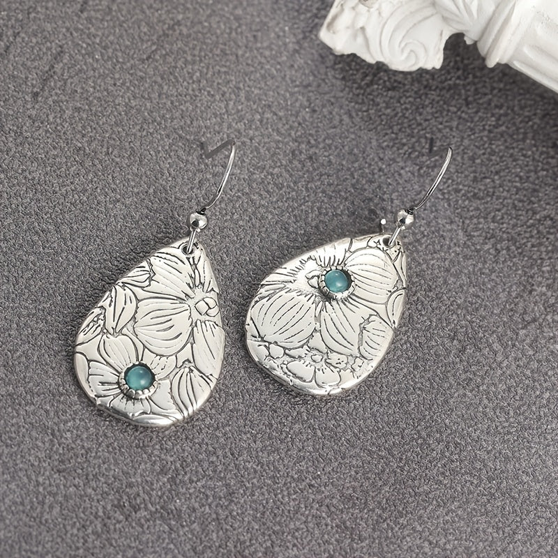 BOUCLES D'OREILLES RÉTRO SCULPTÉ FLEURS GOUTTE FORME TURQUOISE PIERRE PRÉCIEUSE CROCHET