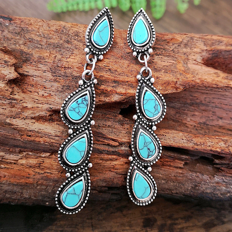 BOUCLES D'OREILLES VINTAGE TURQUOISE FEUILLE GOUTTE