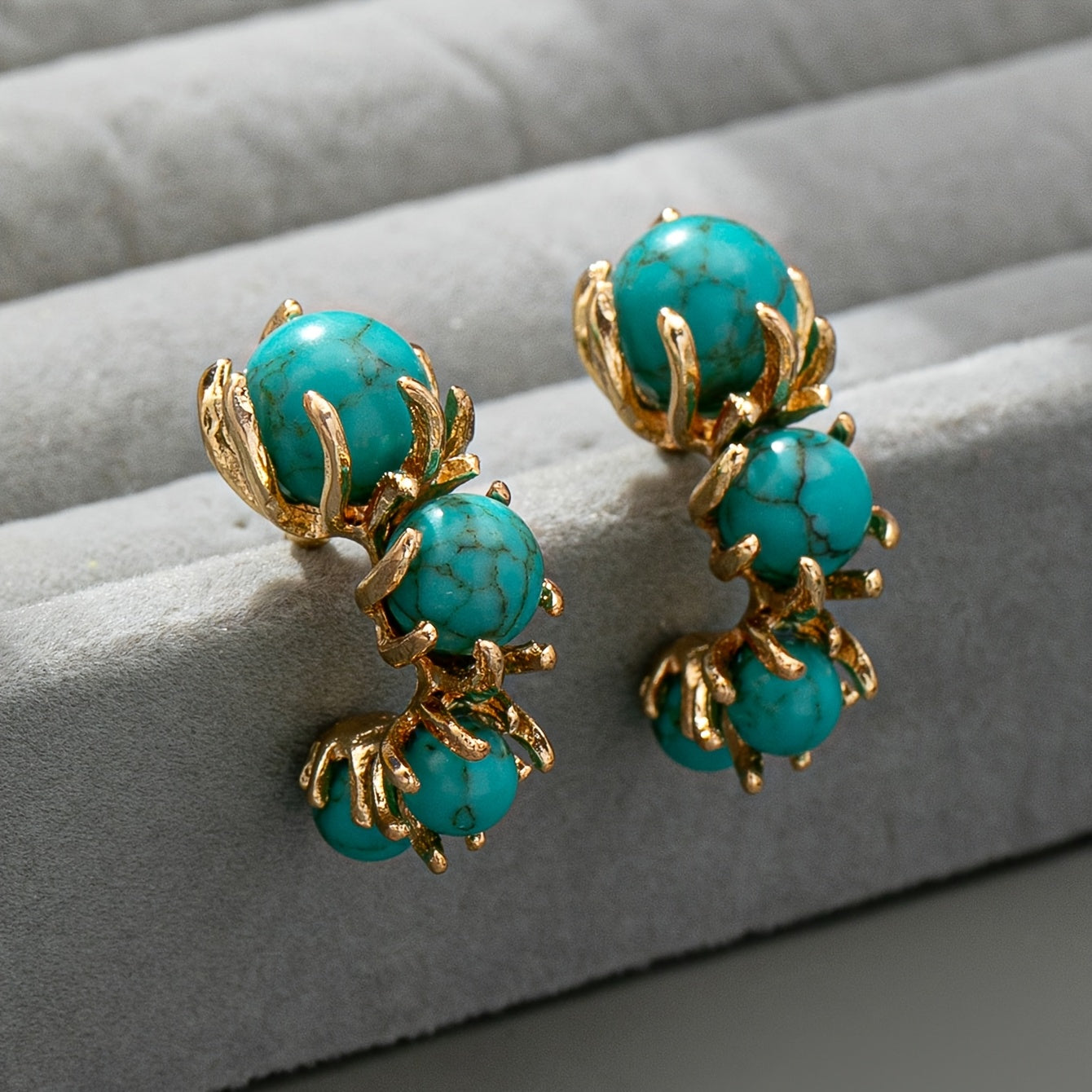 BOUCLES D'OREILLES CLASSIQUE OR TURQUOISE PLAQUÉ TRIPLE PIERRE PENDENTIF