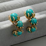 BOUCLES D'OREILLES CLASSIQUE OR TURQUOISE PLAQUÉ TRIPLE PIERRE PENDENTIF