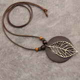 Bohemian Wax Rope Leaf Shaped Pendant Long Necklace