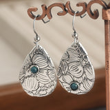 BOUCLES D'OREILLES RÉTRO SCULPTÉ FLEURS GOUTTE FORME TURQUOISE PIERRE PRÉCIEUSE CROCHET