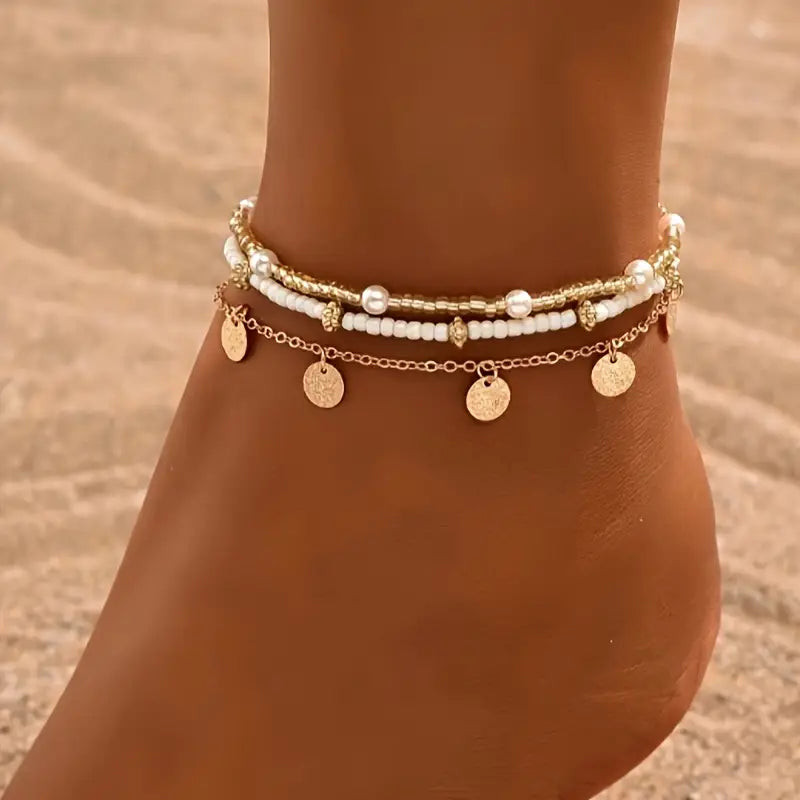 Ensemble Côtier Breloque 3-Pièce Superposé Bracelet de Cheville | Or