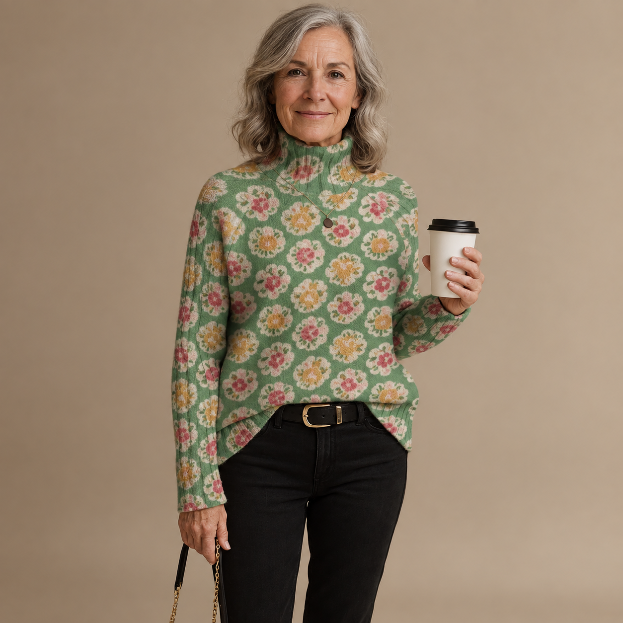 BEATRICE | PULL COL ROULÉ TRICOTÉ FLEURI