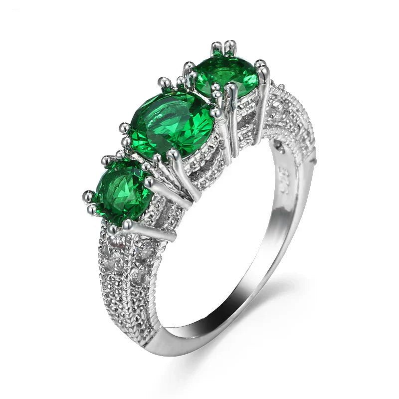 BAGUE TROIS PIERRES OVALES ÉMERAUDE ANNEAU PAVÉ | ARGENT