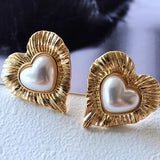 Vintage Gold Plated Faux Pearl Inlay Heart Shaped Stud Earrings