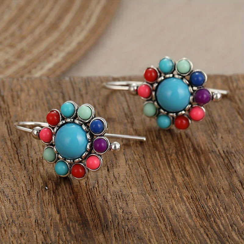 BOUCLES D'OREILLES COLORÉ TURQUOISEETCORAIL FLORAL PENDENTIF