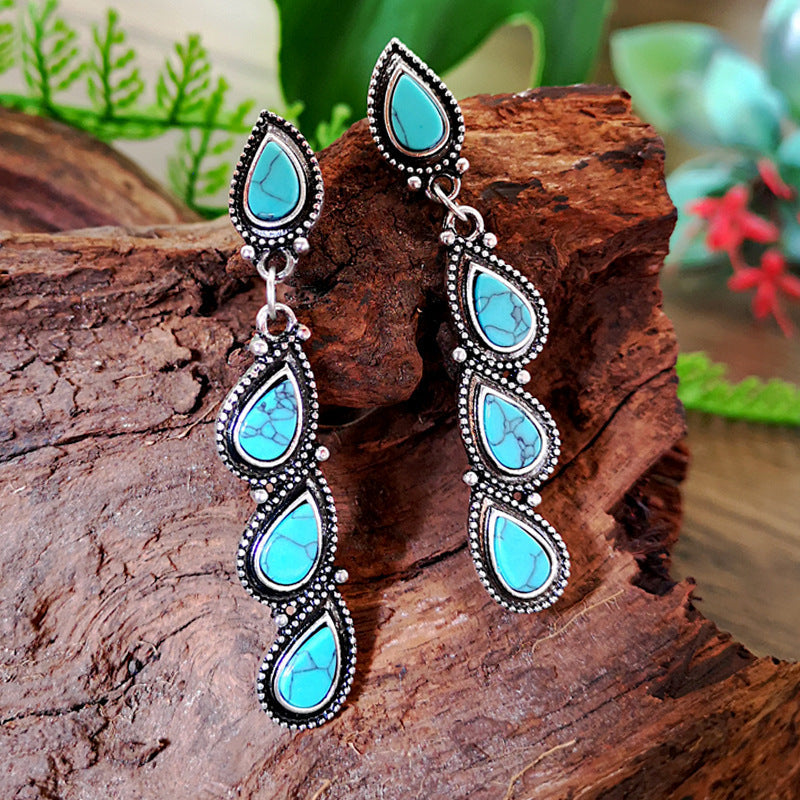 BOUCLES D'OREILLES VINTAGE TURQUOISE FEUILLE GOUTTE