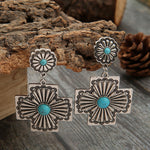 BOUCLES D'OREILLES RÉTRO FLORAL DESIGN TURQUOISE CROIX SCULPTÉ MÉTAL