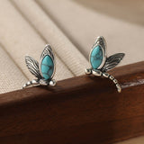 BOUCLES D'OREILLES VINTAGE TURQUOISE LIBELLULE ARGENT PLAQUÉ CLOU D'OREILLE