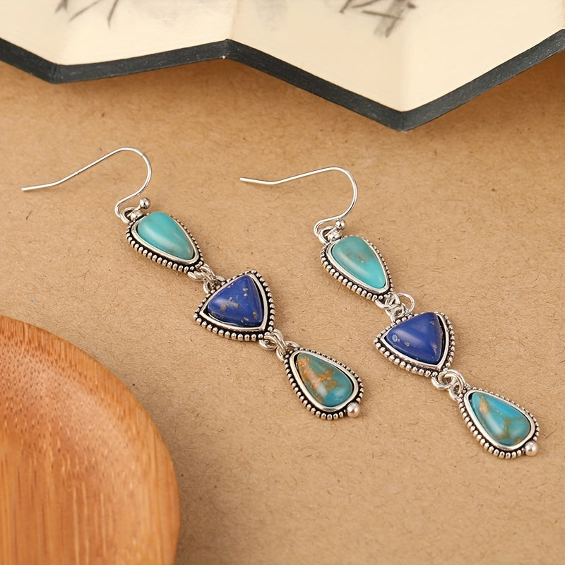 BOUCLES D'OREILLES FAIT MAIN SYNTHÉTIQUE LAPIS-LAZULI TURQUOISE PENDENTIF